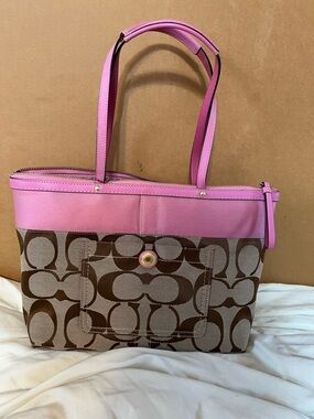 Coach Pink Trim Signature Canvas Tote with Front Pocket